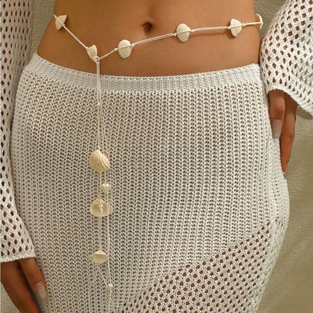 White Crochet Skirt with Shell Belt R243